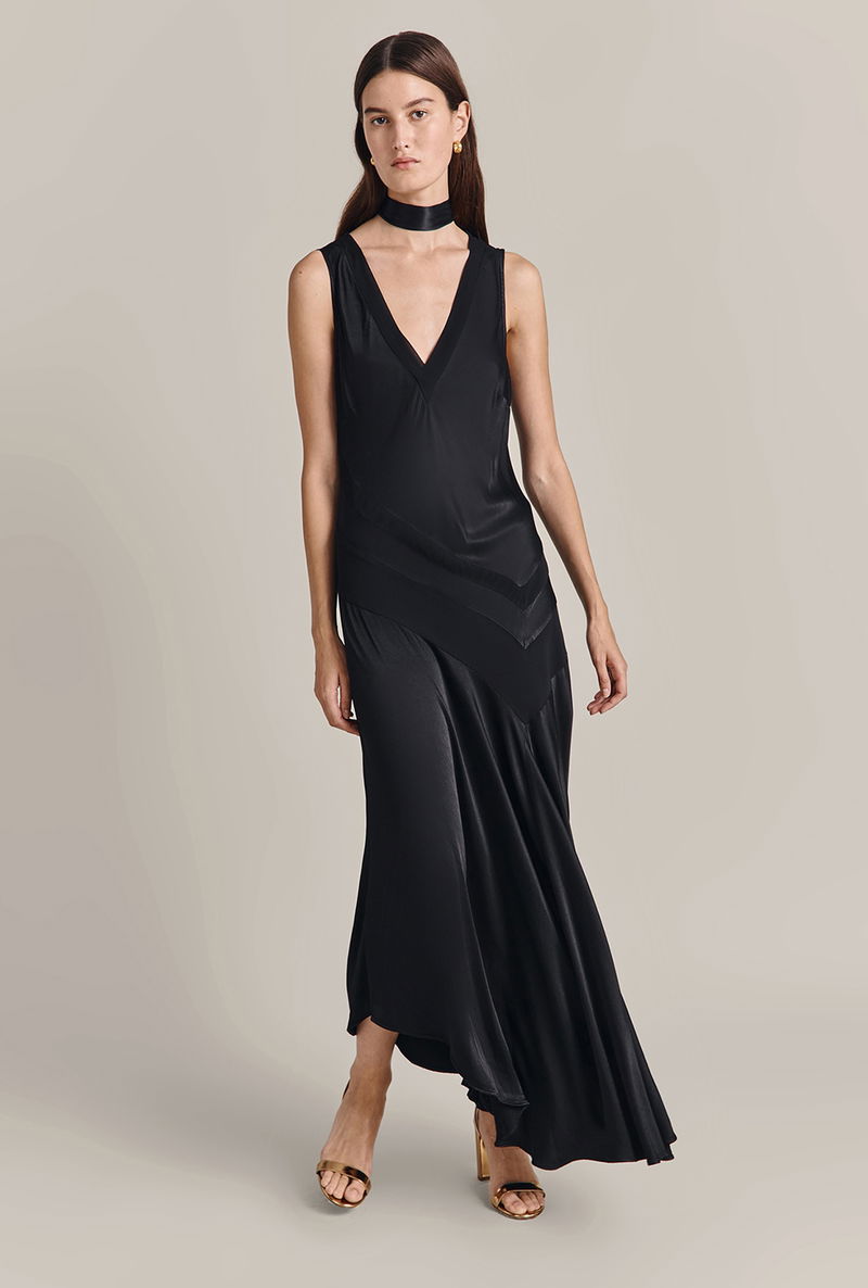 GHOST Addison Satin Asymmetric Midi Dress | endource GHOST Addison Satin Asymmetric Midi Dress | endource