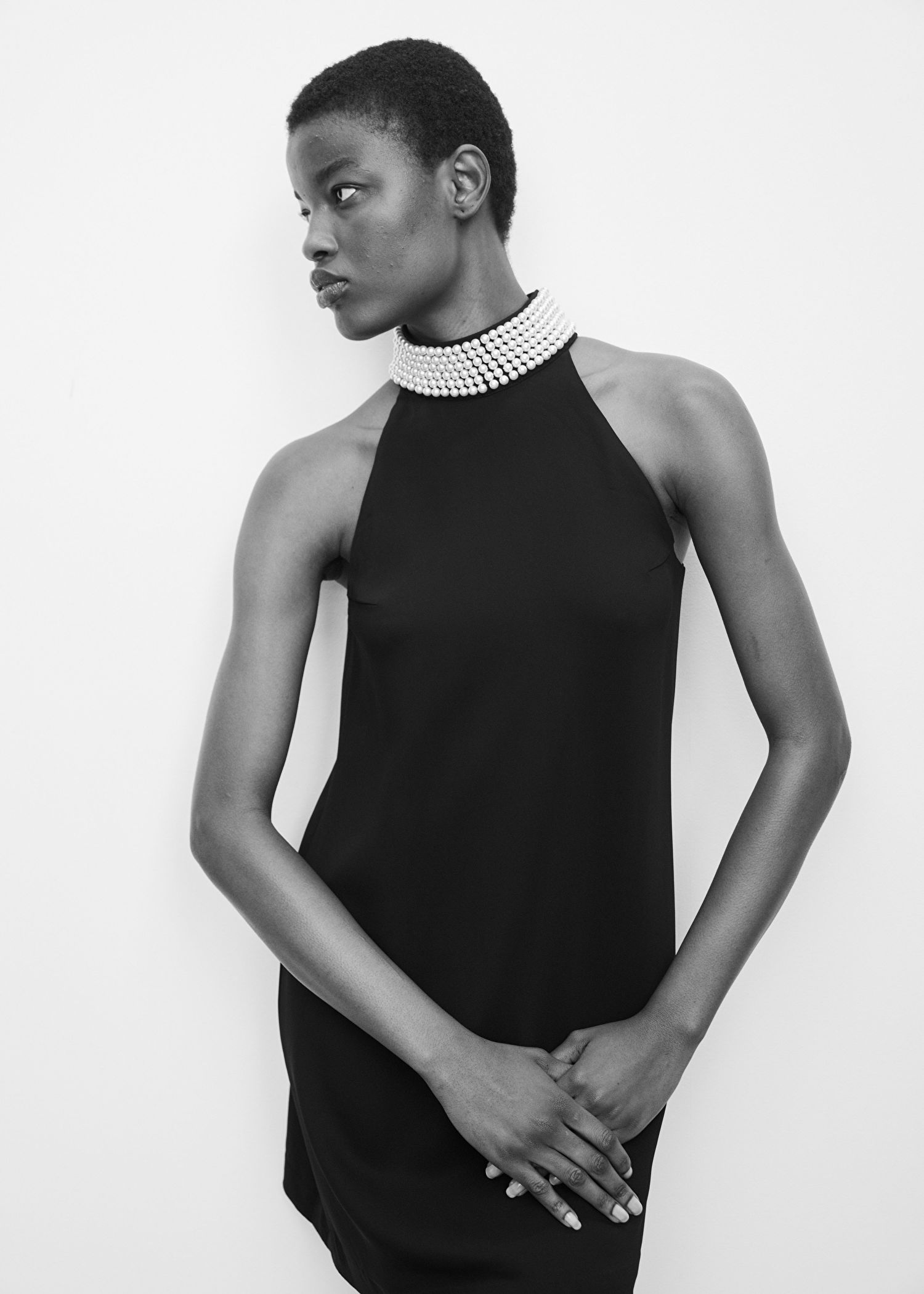 black dress with pearl collar Posie Lace Tube Mini Dress