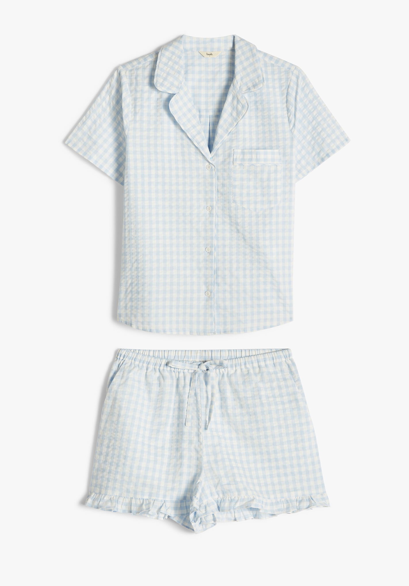 HUSH Palma Frill Short Pyjamas in Ecru / Blue Gingham | endource