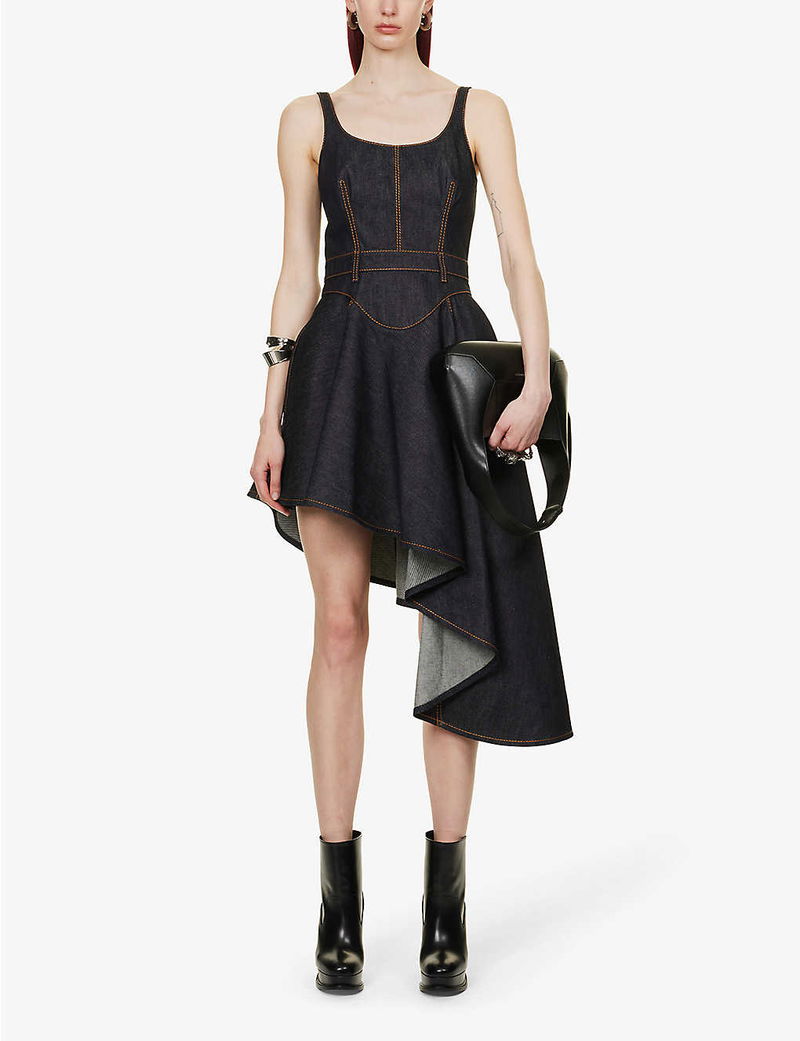 ALEXANDER MCQUEEN Asymmetrical-Hem Topstitched Denim Mini Dress | endource