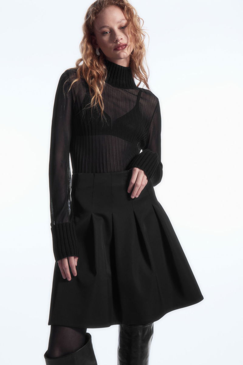 COS Voluminous Pleated Satin Mini Skirt in BLACK | endource 