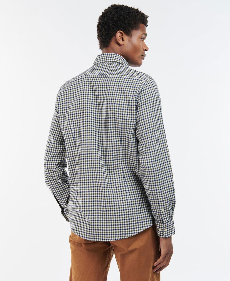 Dark blue and white gingham shirt, back view