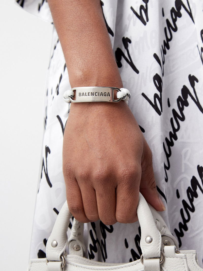 BALENCIAGA Plate Logo Corded Bracelet in White | endource