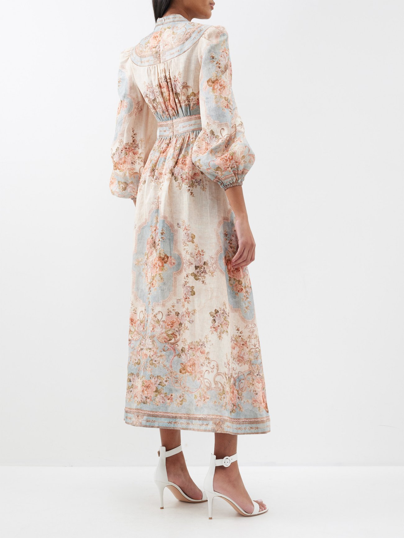 ZIMMERMANN August Plunge-Neck Linen Midi Dress | endource
