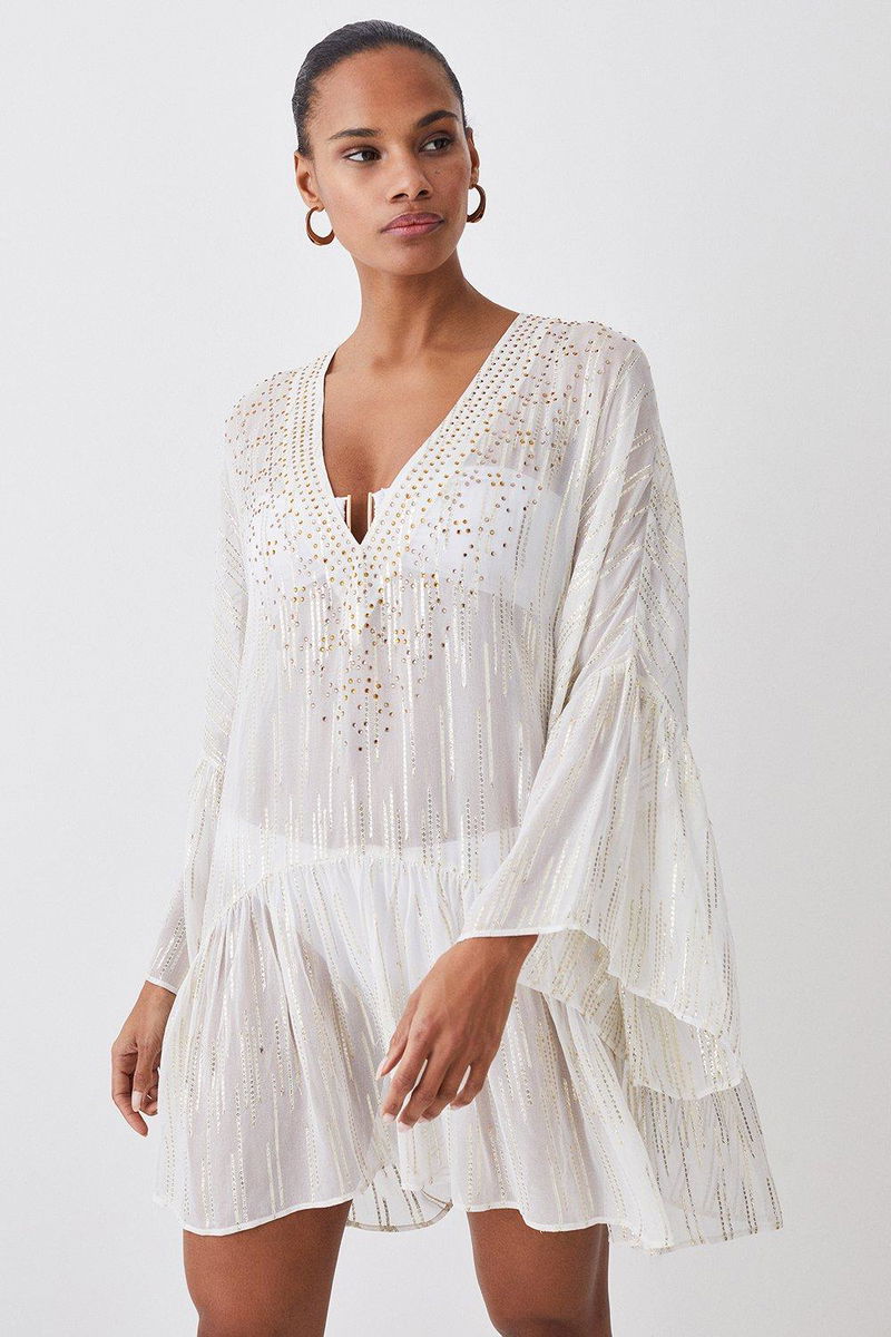 Embellished Kimono Sleeve Beaded Mini Dress