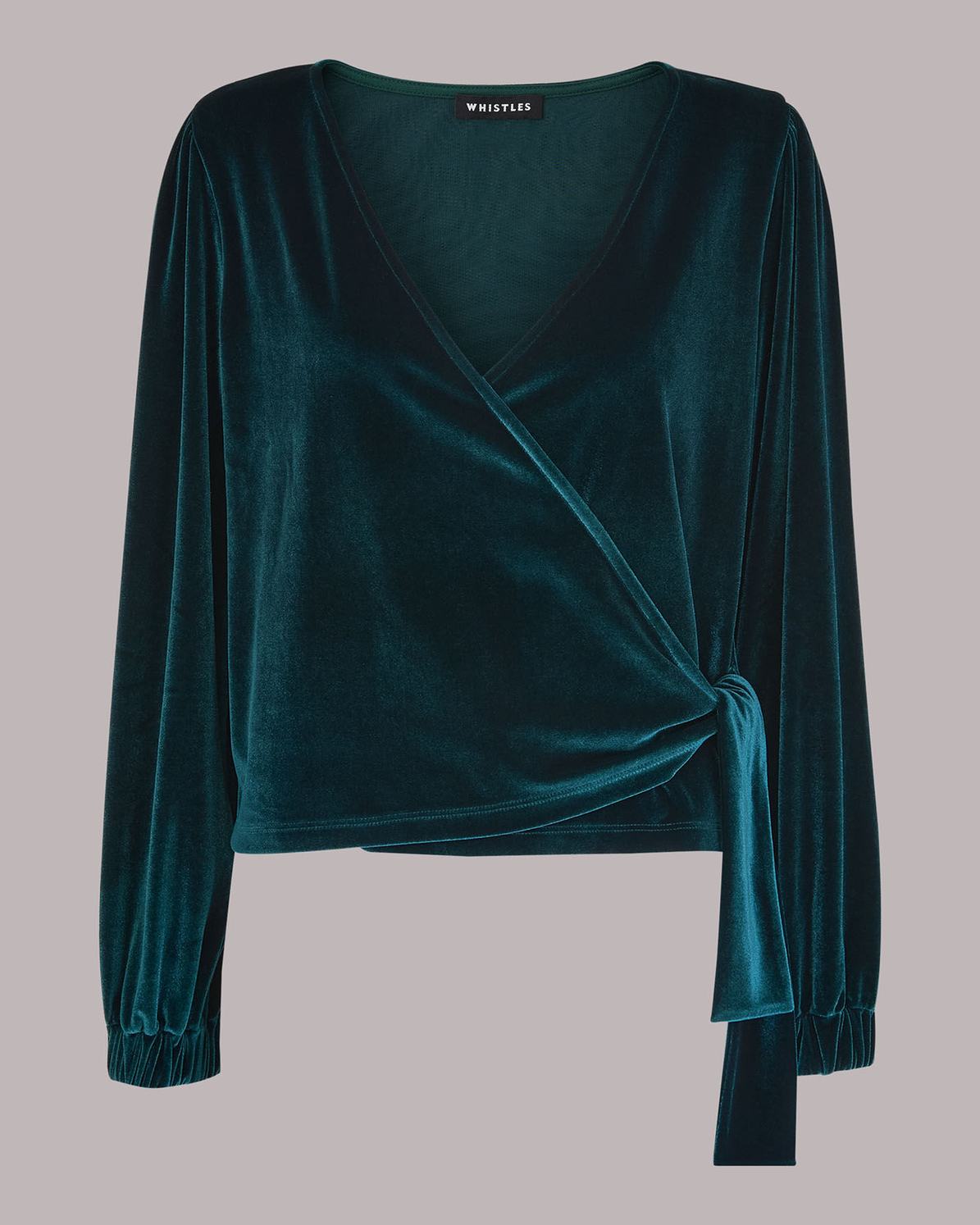 WHISTLES Green Velvet V Neck Wrap Top in Green