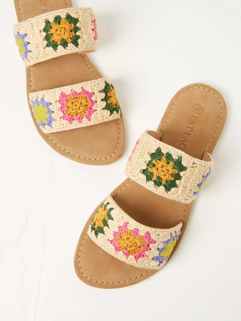 FATFACE Penelope Tile Crochet Sliders in Natural/Multi | Endource