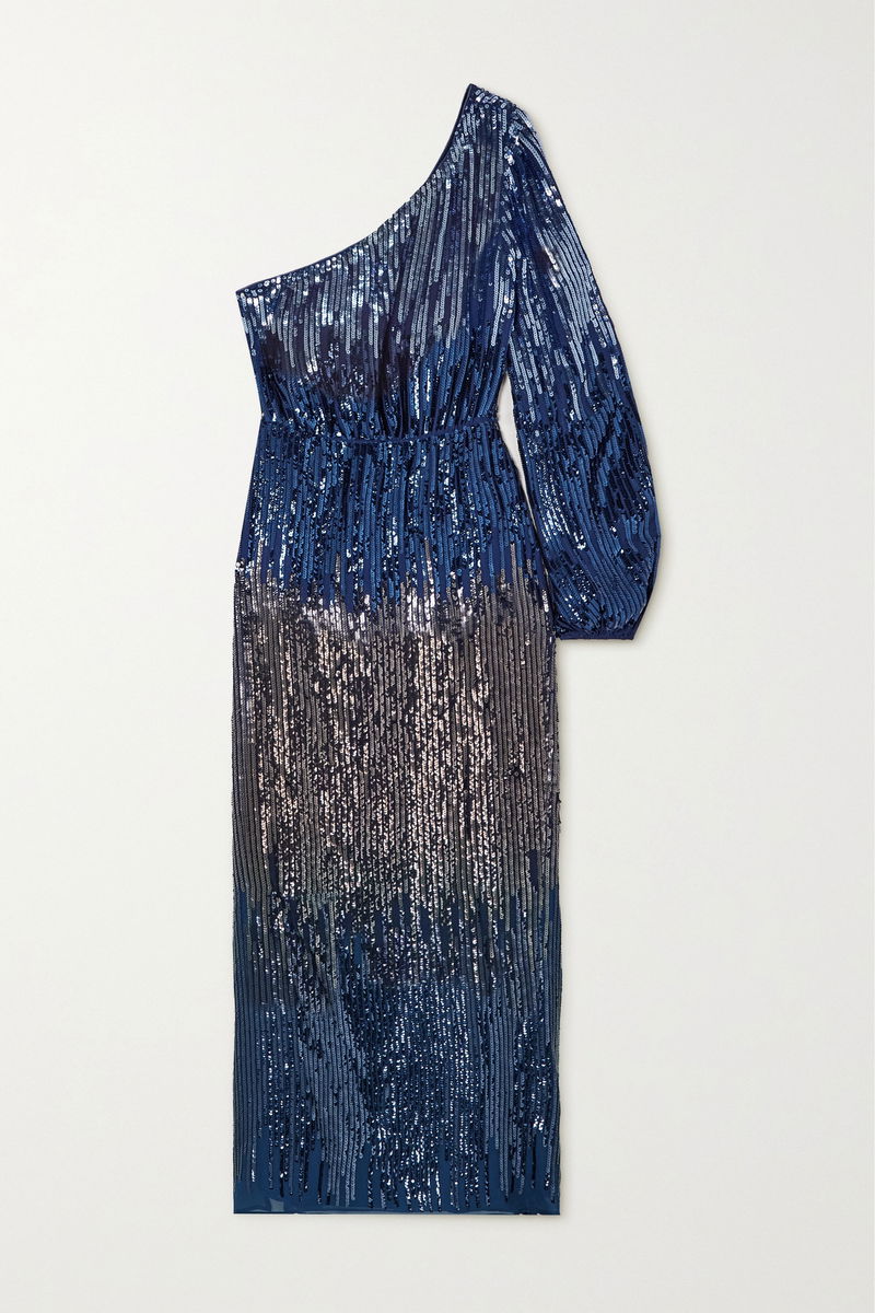 rixo one shoulder dress RIXO Leon Silk-Satin Midi Devor Bouquet Navy