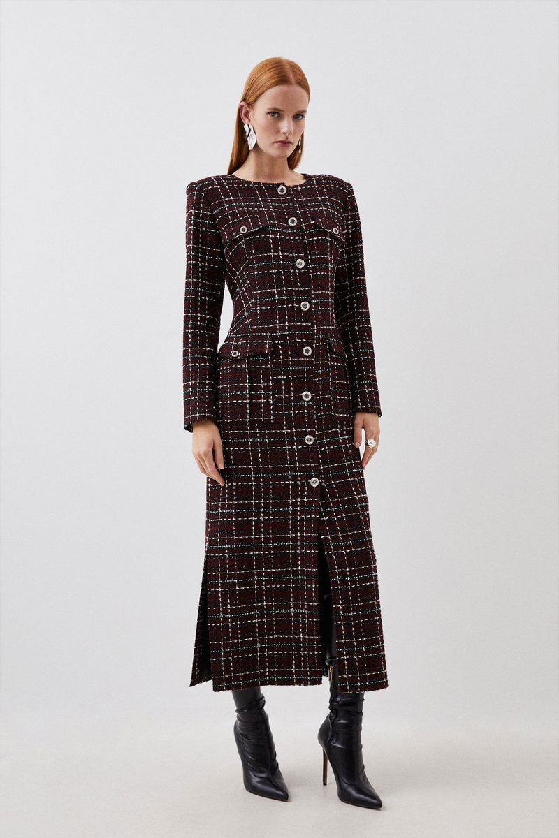 tailored sparkle boucle pocket detail long sleeve midi dress KAREN MILLEN Tailored Boucle Pocket Detail Long Sleeve Midi Dress