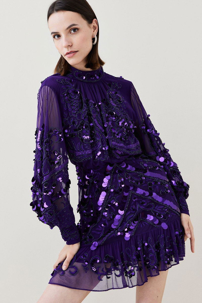 karen millen purple sequin dress KAREN MILLEN Sequin And Embroidered Mini Dress