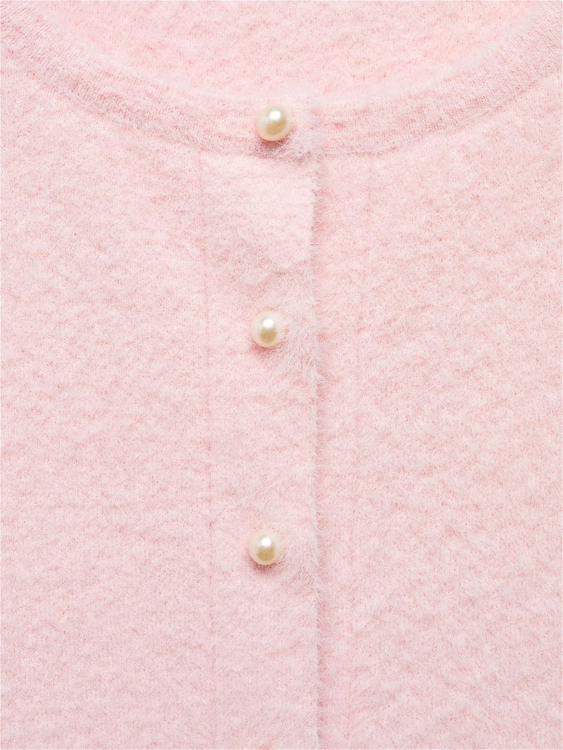 MANGO Minutu Faux Pearl Button Fluffy Cardigan in Pink