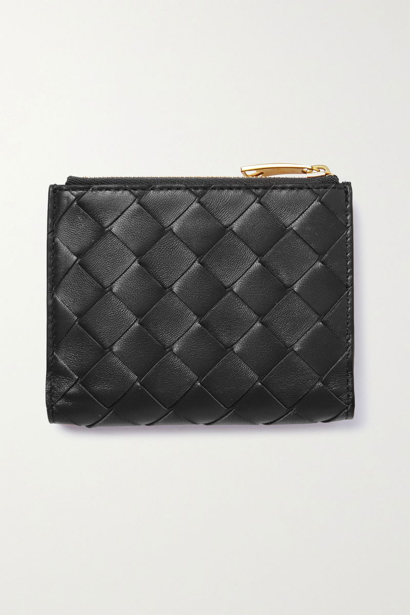 Black woven leather wallet with gold zipper