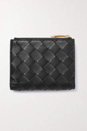 Black woven leather wallet with gold zipper