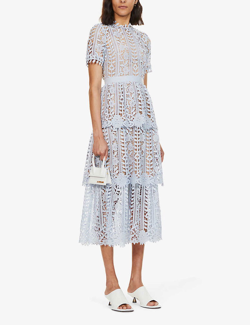 SELF-PORTRAIT Floral-Embroidered Round-Neck Lace Midi Dress | endource