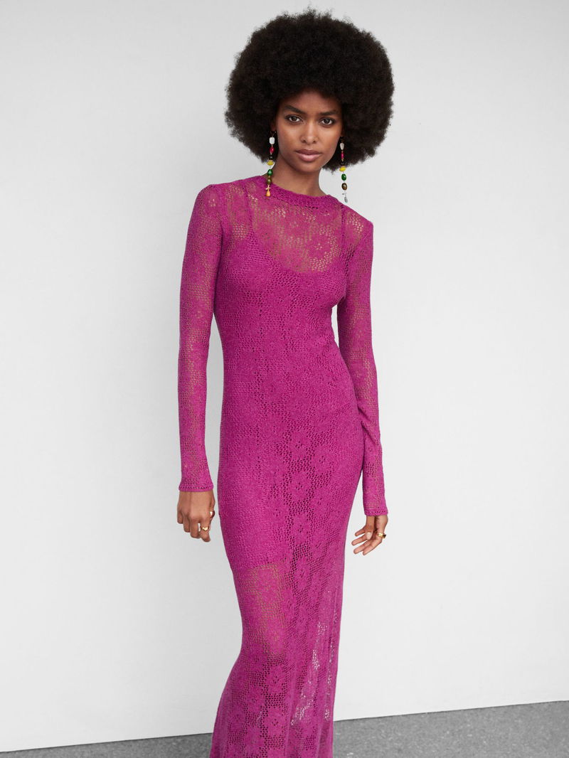 solid knit dress Womens Cashmere Ribbed Knit Midi Dress Long Sleeve Square Neck Dress, Pink / M main image 1