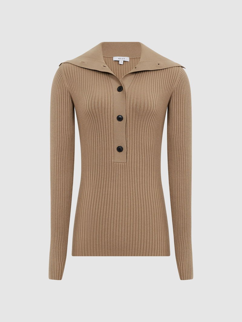 REISS Maia Button Collar Jumper Top in Camel Endource