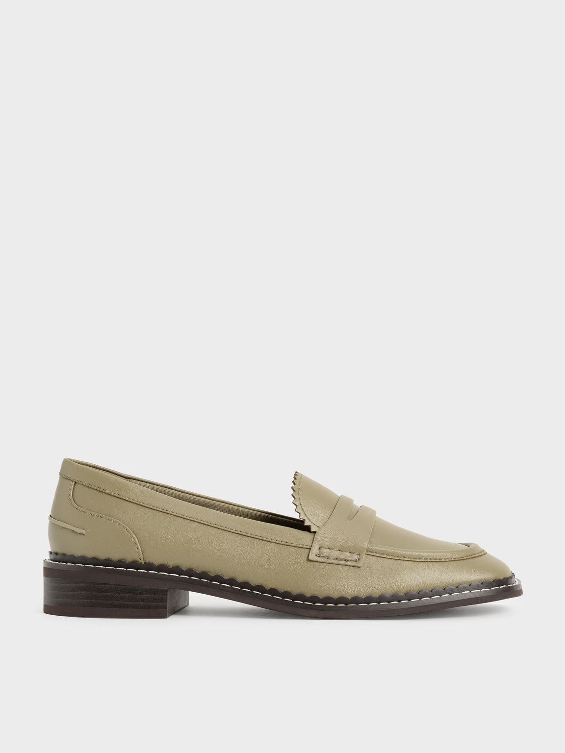 CHARLES & KEITH Scallop-Trim Penny Loafers in Olive | endource