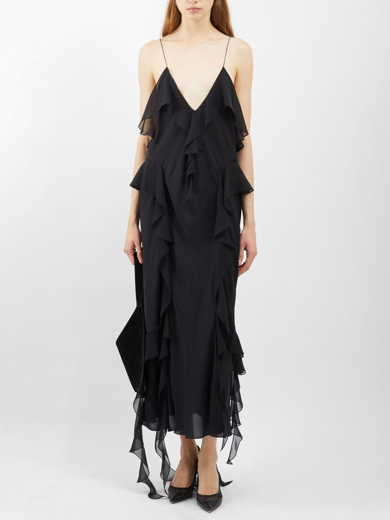 KHAITE Pim Ruffled Silk-Georgette Dress in Black | Endource