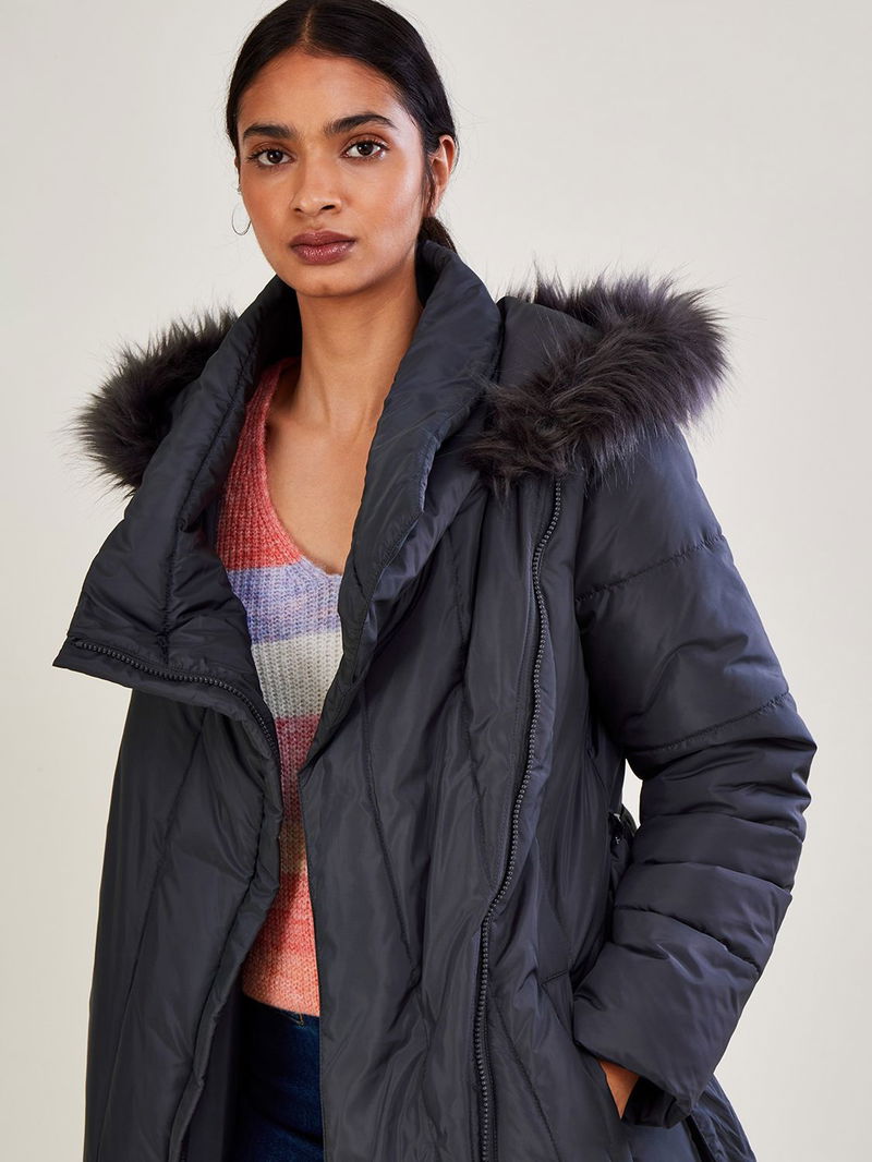 Monsoon Vera Faux Fur Long Puffer Jacket in Charcoal | Endource