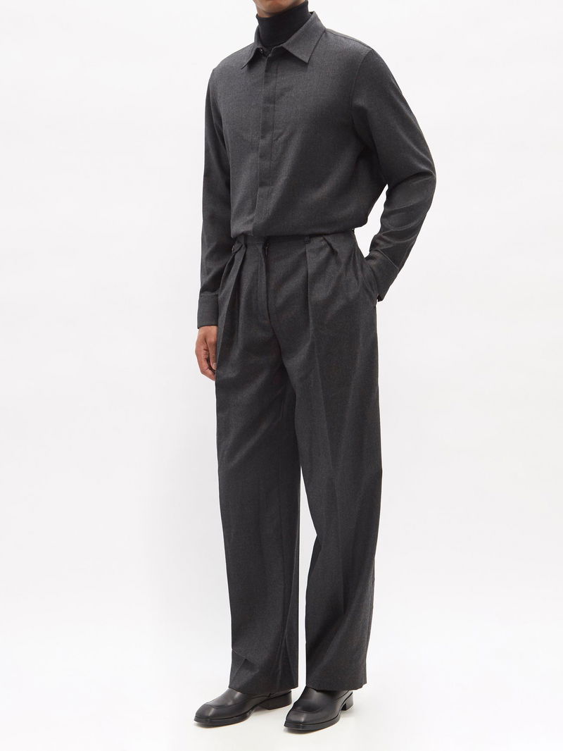 THE ROW Marcello High-Rise Pleated Flannel Trousers in Grey | endource