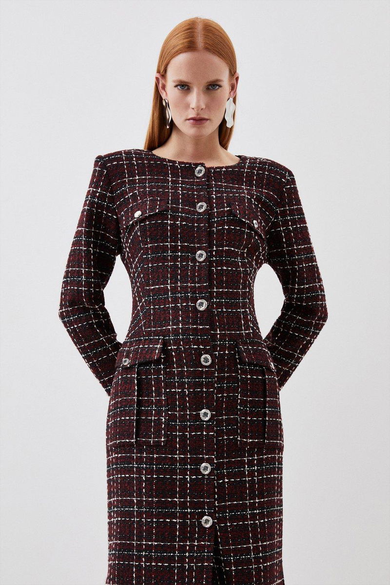 tailored sparkle boucle pocket detail long sleeve midi dress KAREN MILLEN Tailored Check Boucle Pocket Detail Long Sleeve Midi Dress