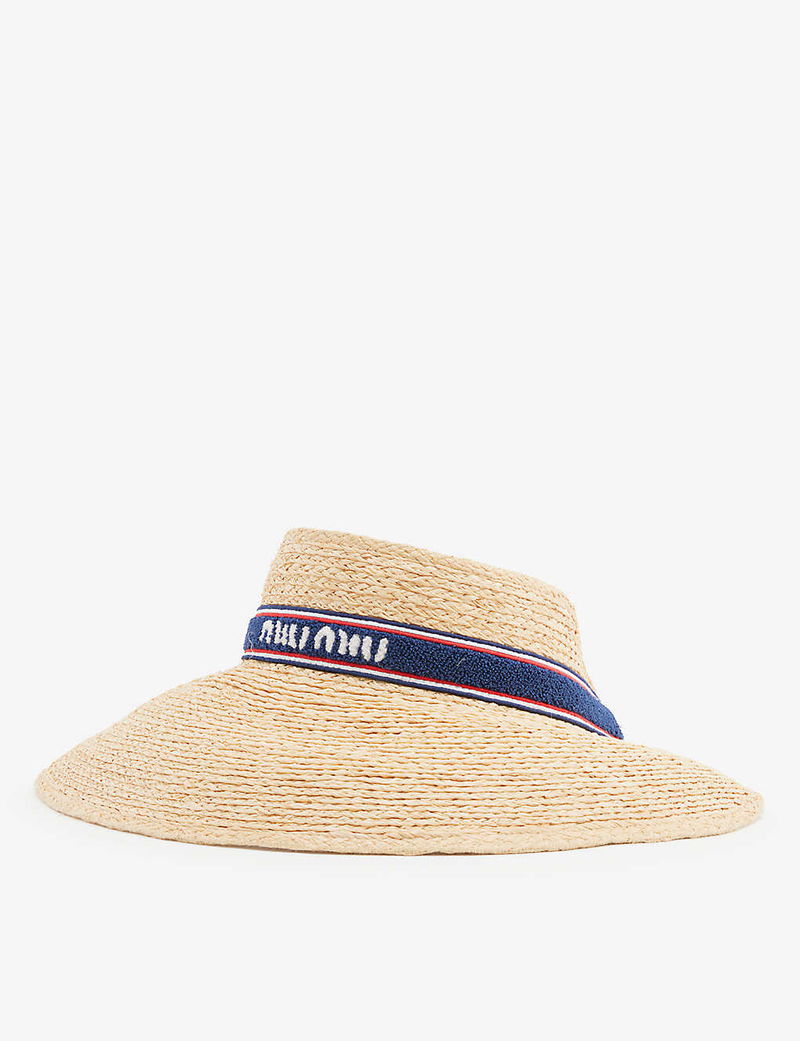 MIU MIU Logo-Embellished Raffia Visor Hat | endource display picture 1