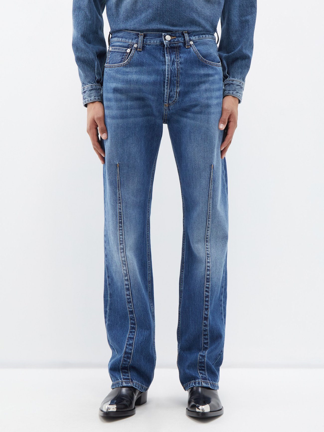 Alexander McQueen Panelled Kick Flare Jeans in Blue Cotton ref