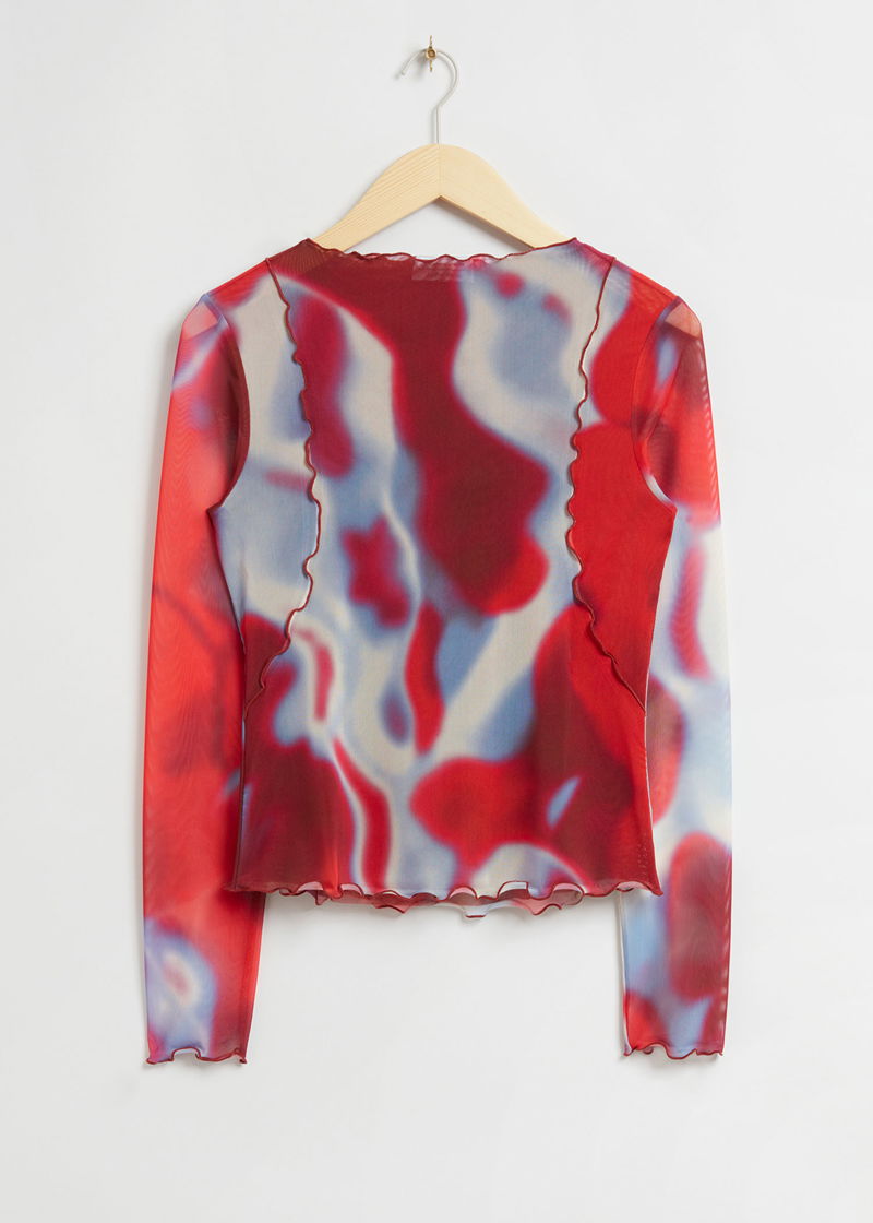  OTHER STORIES Ruched Frilled Seam Mesh Top in Red/Blue/White