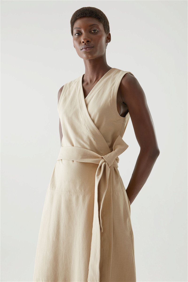 COS Organic Cotton-Mix Belted Wrap Dress in Beige