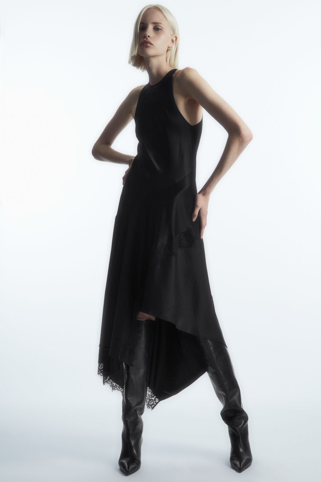 COS Asymmetric Lace-Trimmed Satin Dress | endource