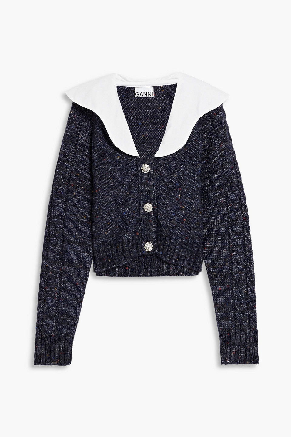 GANNI Poplin-Trimmed Donegal Cable-Knit Cardigan in Blue | Endource