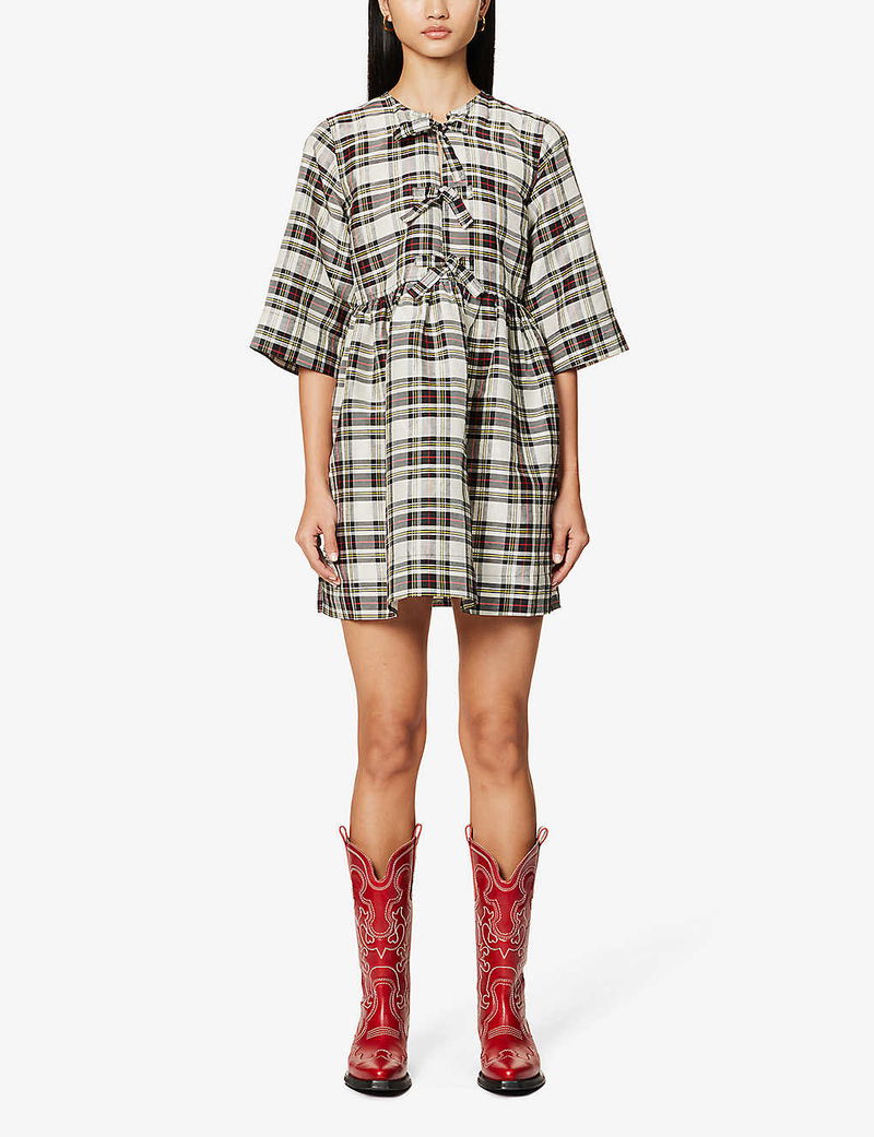 GANNI Check-Print Bow-Detailing Linen And Silk-Blend Mini Dress | endource