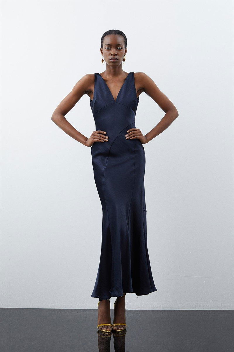 KAREN MILLEN Premium Satin Waterfall Midi Dress in Navy | Endource