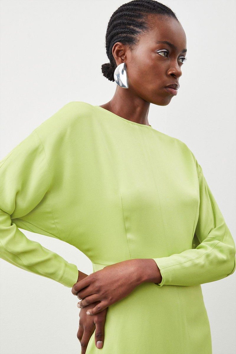 karen millen green dress long sleeve Karen Millen Sequin Plunge Cowl Neck Strong Shoulder Long Sleeve Midi Dress in Emerald