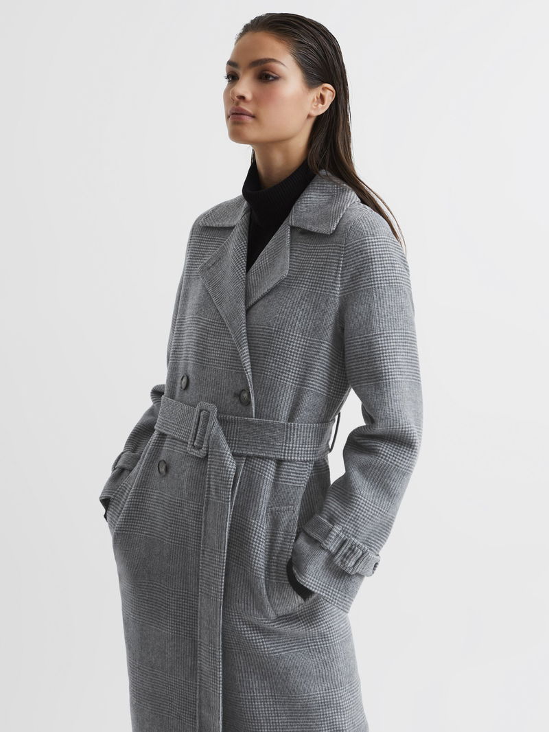 REISS Alexa Belted Blindseam Checked Trench Coat in Grey | Endource