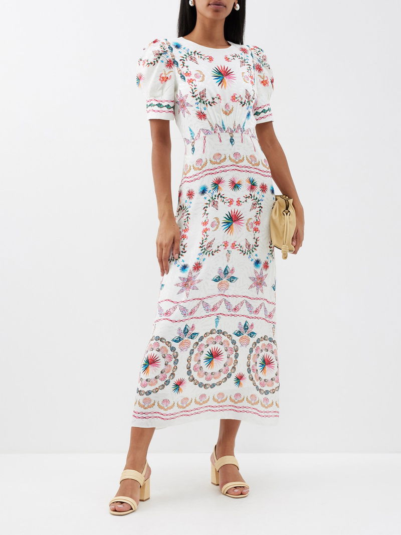 saloni bianca floral-print silk dress Saloni Bianca Floral Silk-Jacquard Midi Dress In Cream - 50% Off