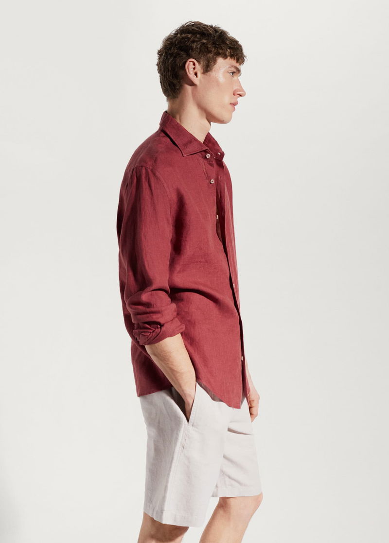 Men's Red 100% Linen Regular Fit Shirt