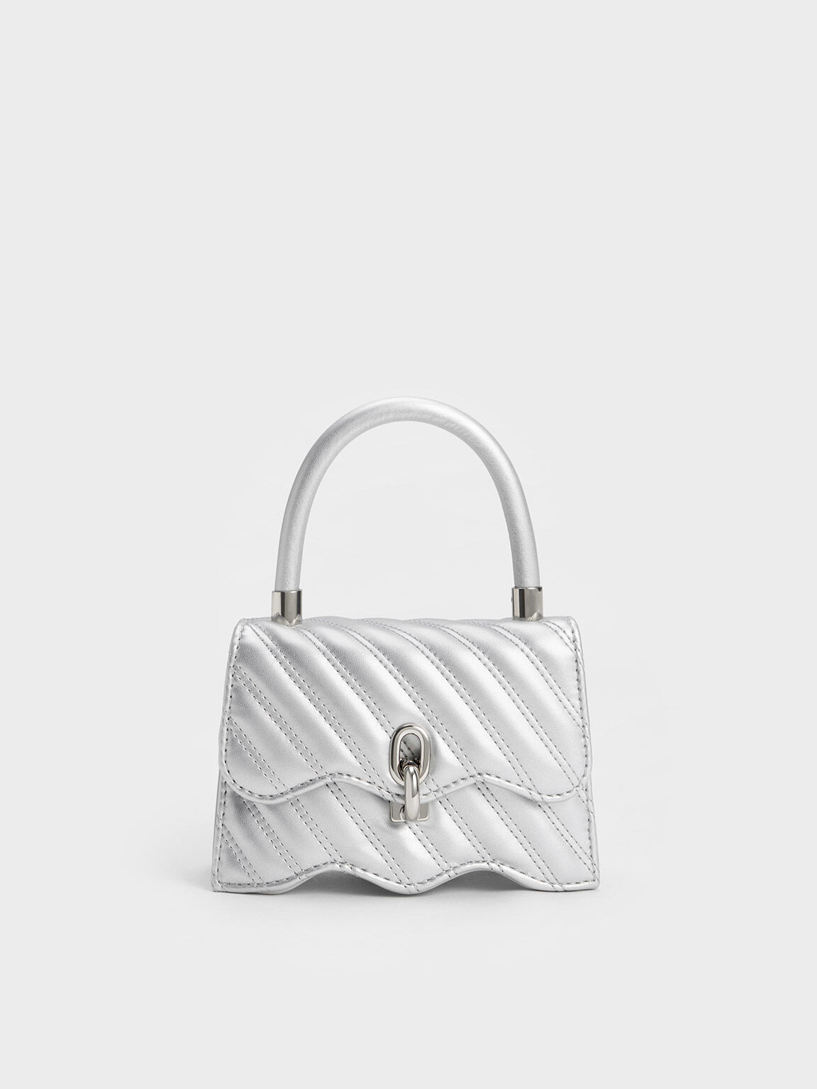CHARLES & KEITH Freja Wavy Quilted Top Handle Bag in Silver Endource