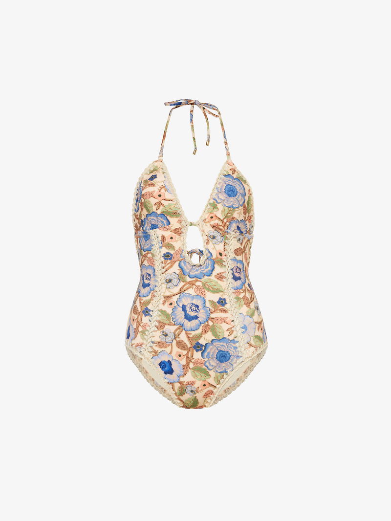 ZIMMERMANN Junie Floral-Pattern Swimsuit in Ivory/blue Floral | Endource