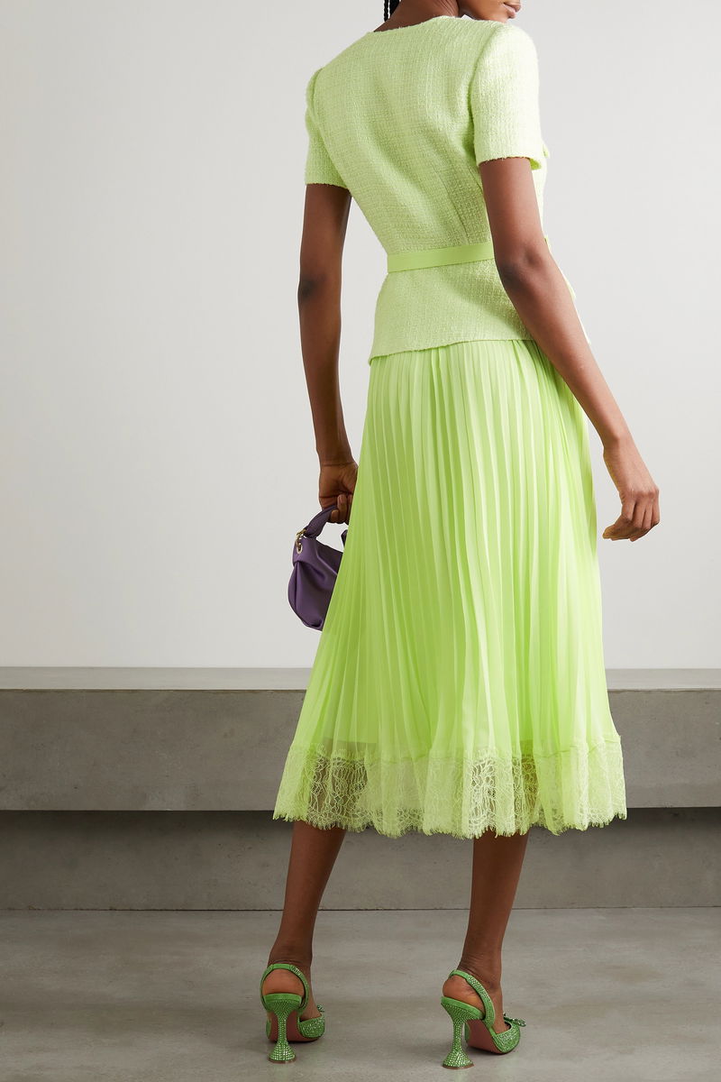 SELF-PORTRAIT Belted Embellished Boucl and Lace-Trimmed Pleated Chiffon Midi Dress | endource SELF-PORTRAIT Belted Embellished Boucl and Lace-Trimmed Pleated Chiffon Midi Dress | endource