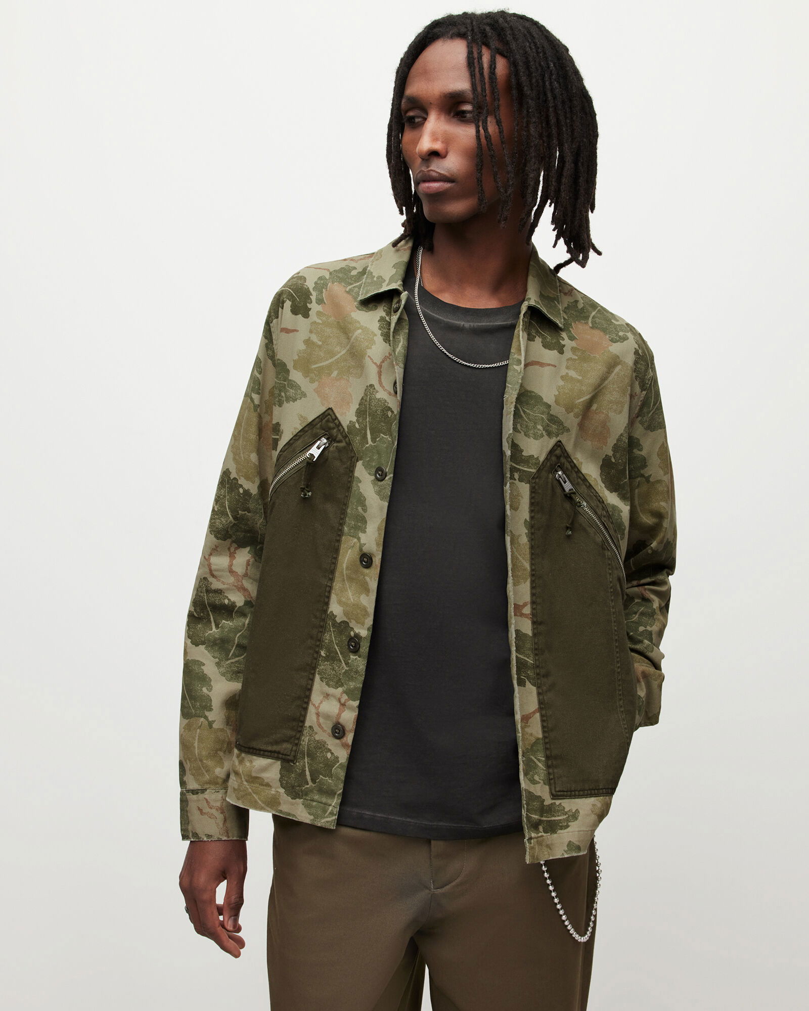 ALLSAINTS Insignia Camouflage Overshirt in Khaki Green | Endource