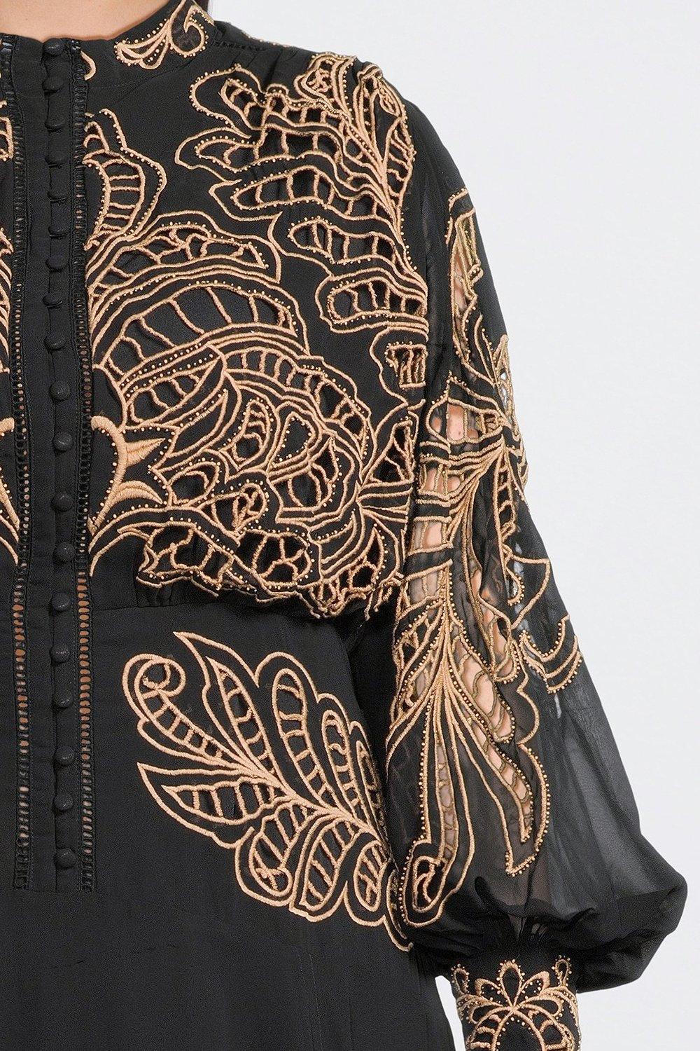 cutwork beaded embroidered woven maxi dress VICKA - Satin maxi dress with multicolored bead embroidery main image 0