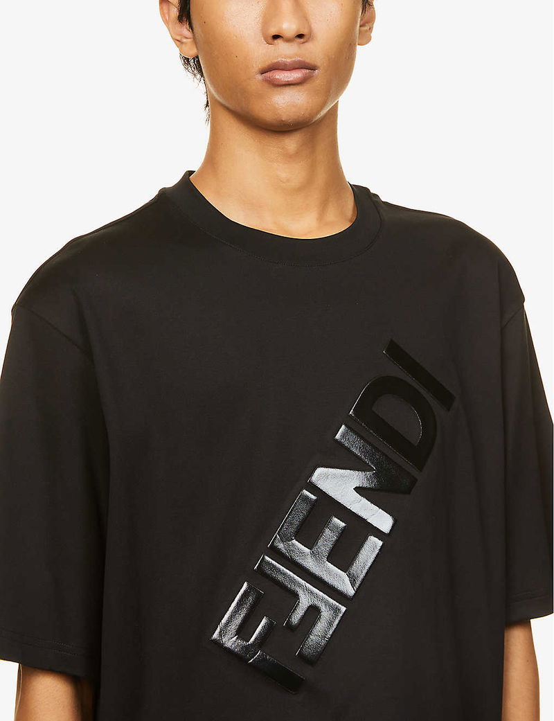 Fendi Black Embossed Logo Print Cotton Fendirama T-Shirt M at