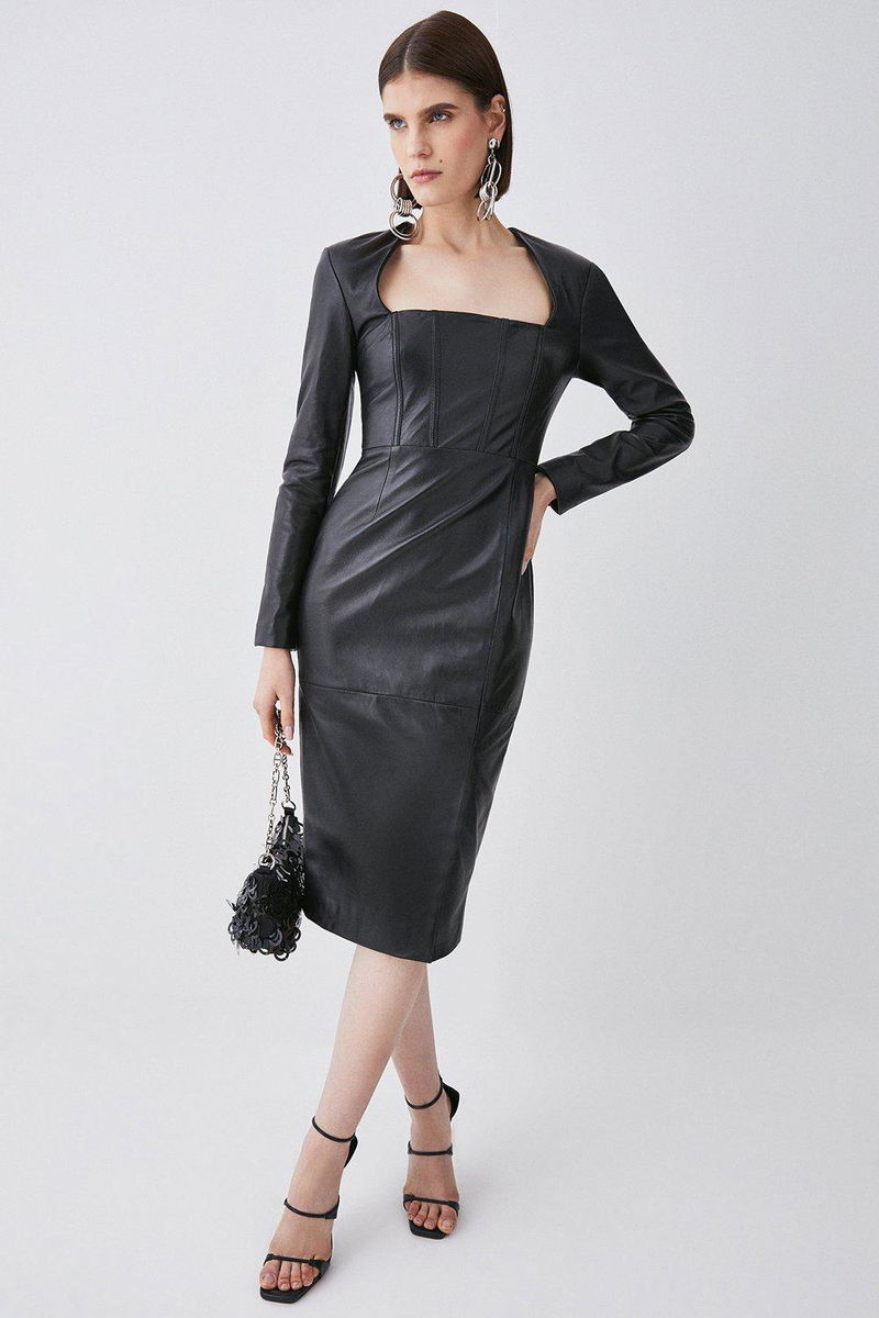 KAREN MILLEN Leather Corset Detail Sleeved Midi Pencil Dress | endource KAREN MILLEN Leather Corset Detail Sleeved Midi Pencil Dress | endource