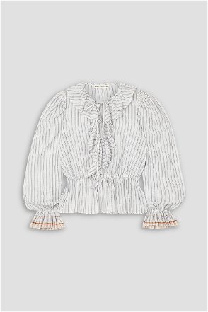 Cotton Stripe Long Sleeve Ruffle Blouse