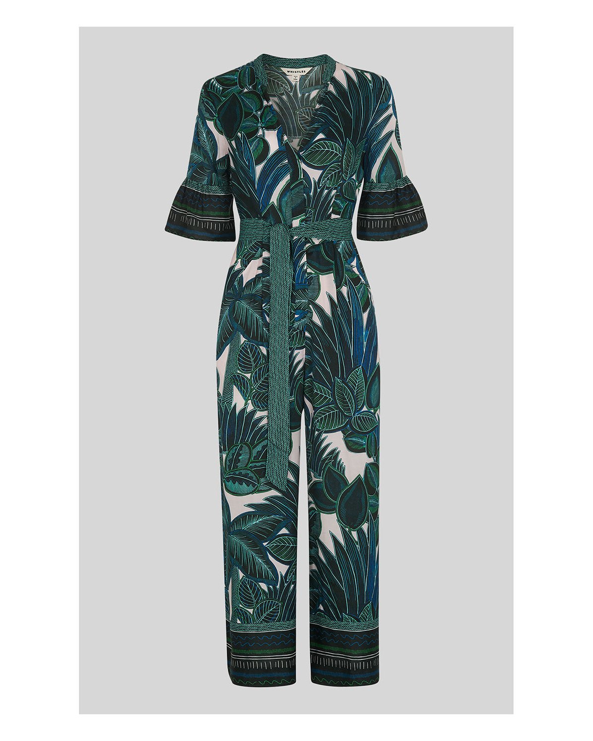 WHISTLES Palm Print Tie Front Jumpsuit in Blue/Multi | Endource