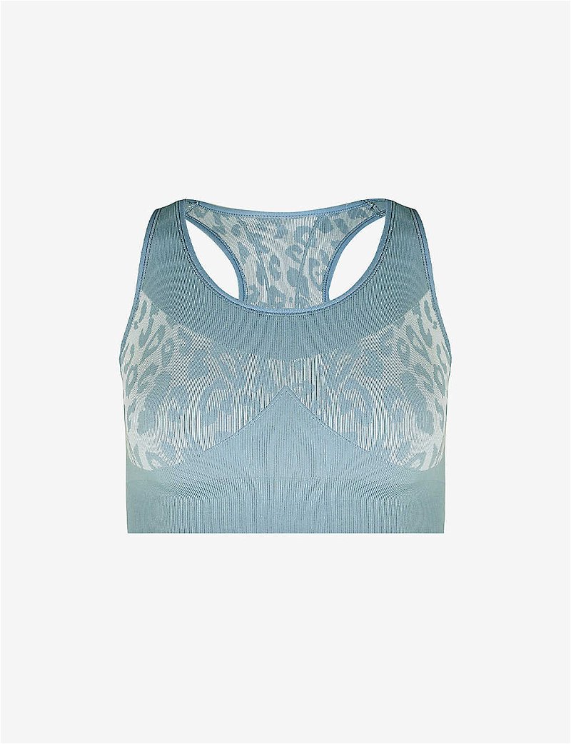 SWEATY BETTY Stamina Leopard-Print Stretch-Woven Sports Bra in Vapour Blue  Leopard