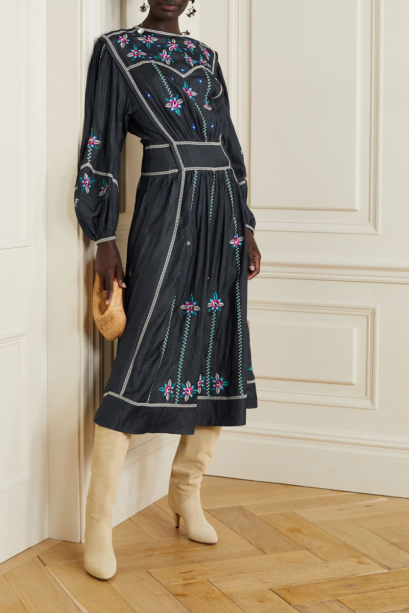ISABEL MARANT Caroline Embroidered Silk-Satin Midi Dress | endource ISABEL MARANT Caroline Embroidered Silk-Satin Midi Dress | endource