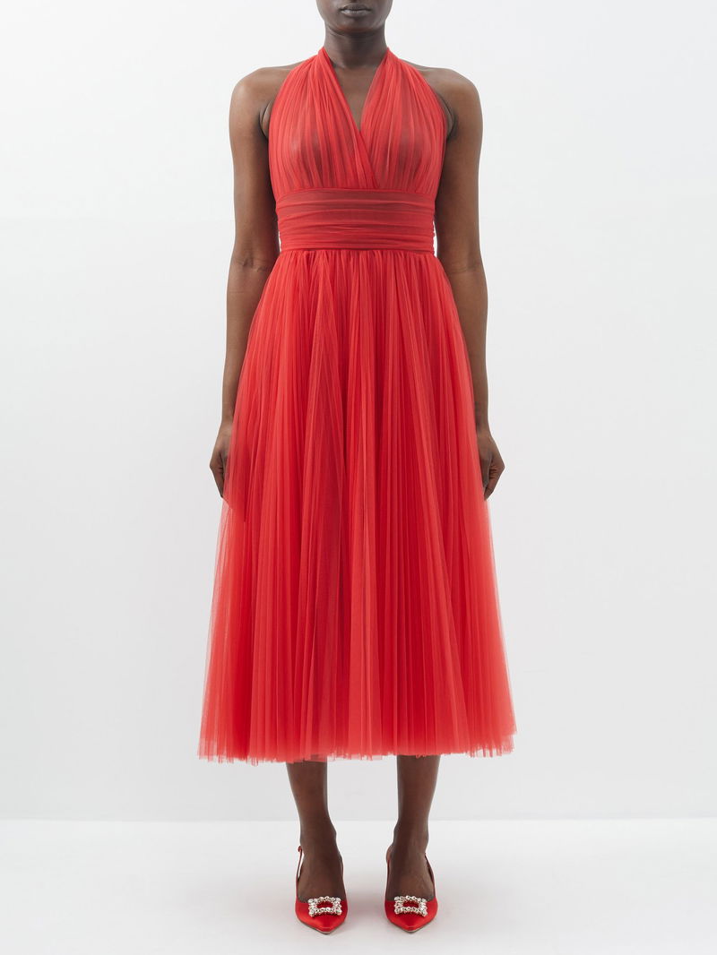 DOLCE & GABBANA Halterneck Pleated Tulle Midi Dress | endource