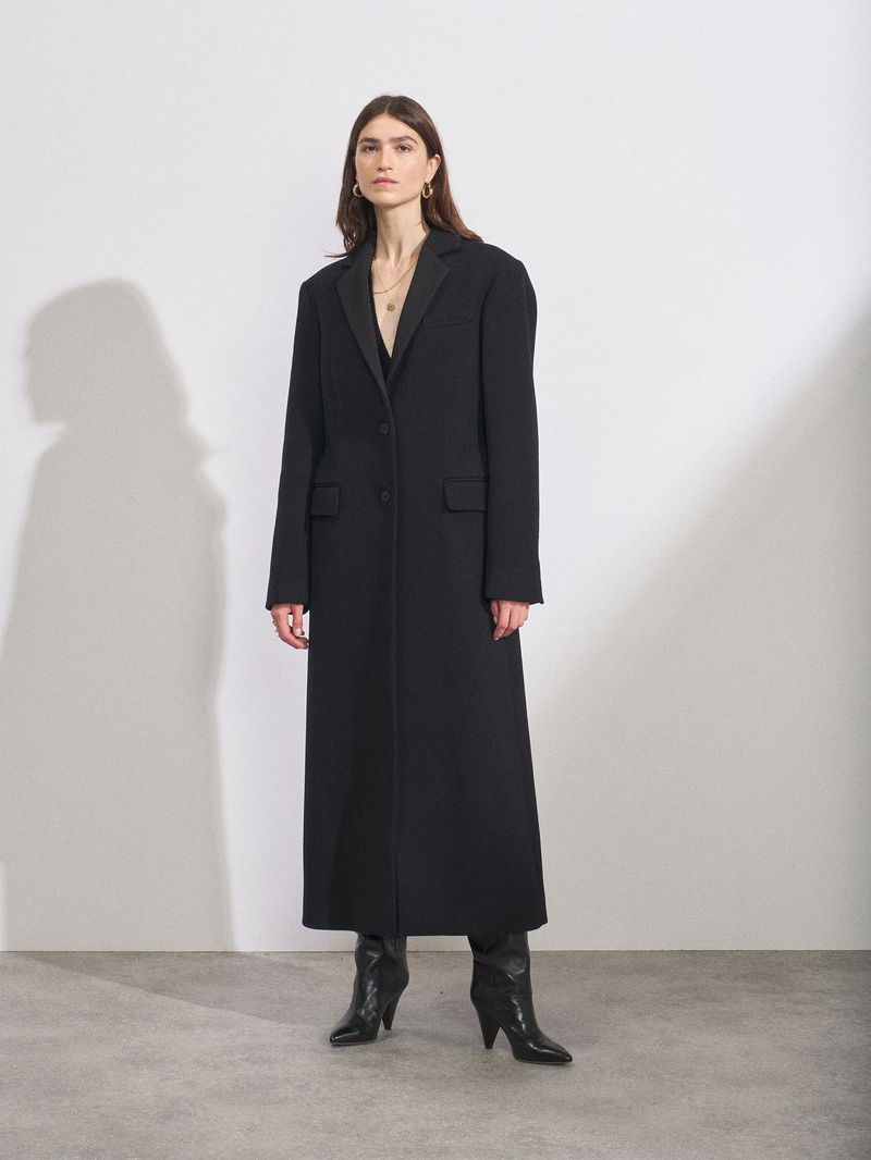 RAEY Martingale-Belt Longline Wool Tuxedo Coat in Navy | Endource